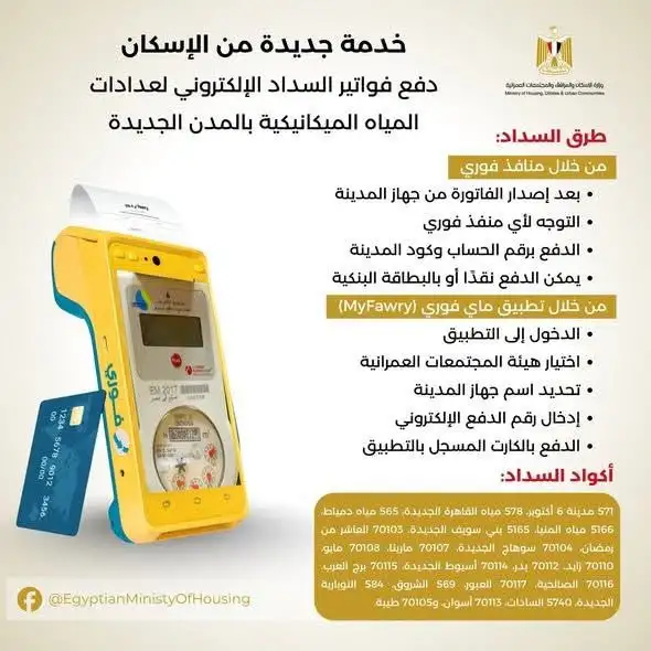«الإسكان» : إتاحة السداد الإلكترونى لعدادات المياه من خلال منافذ وتطبيق «فورى»